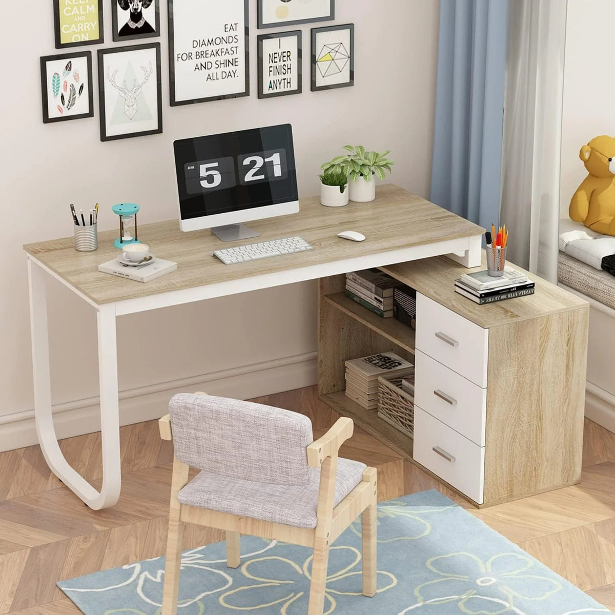 Home Office Computer Desk Corner Desk with 3 Drawers and 2 Shelves, 55 Inch Large L-shaped Study Writing Table with Storage Cabinet - Walnut…