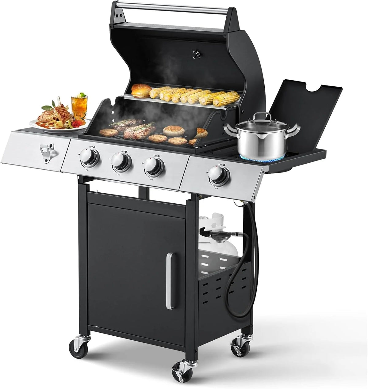 Upgraded 4 Burner Bbq Propane Gas Grill with Cast Iron Grates & Side Stove, 44,000 btu Stainless Steel Burner Barbecue Grill for Patio,…