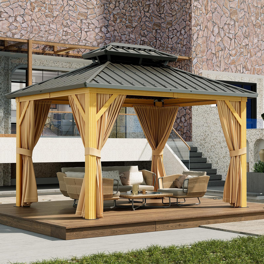 10X13 ft Outdoor Galvanised Steel Hardtop Gazebo, Heavy Duty Double Roof Outdoor Gazebo with Netting and Sunshade Curtains, Aluminium Framed…