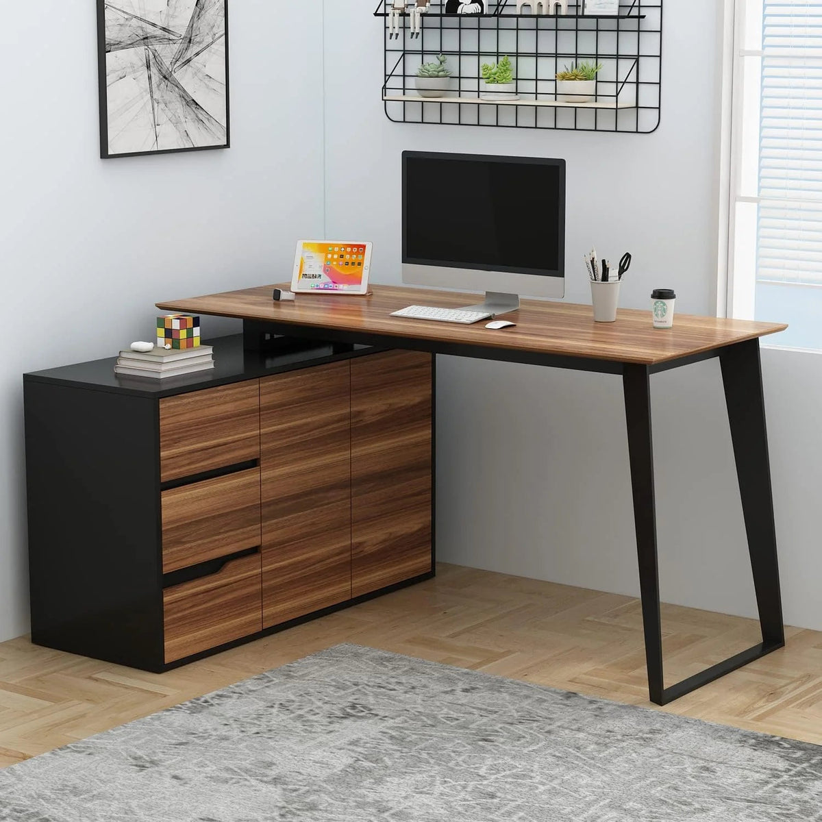 Home Office Computer Desk Corner Desk with 3 Drawers and 2 Shelves, 55 Inch Large L-shaped Study Writing Table with Storage Cabinet - Walnut…