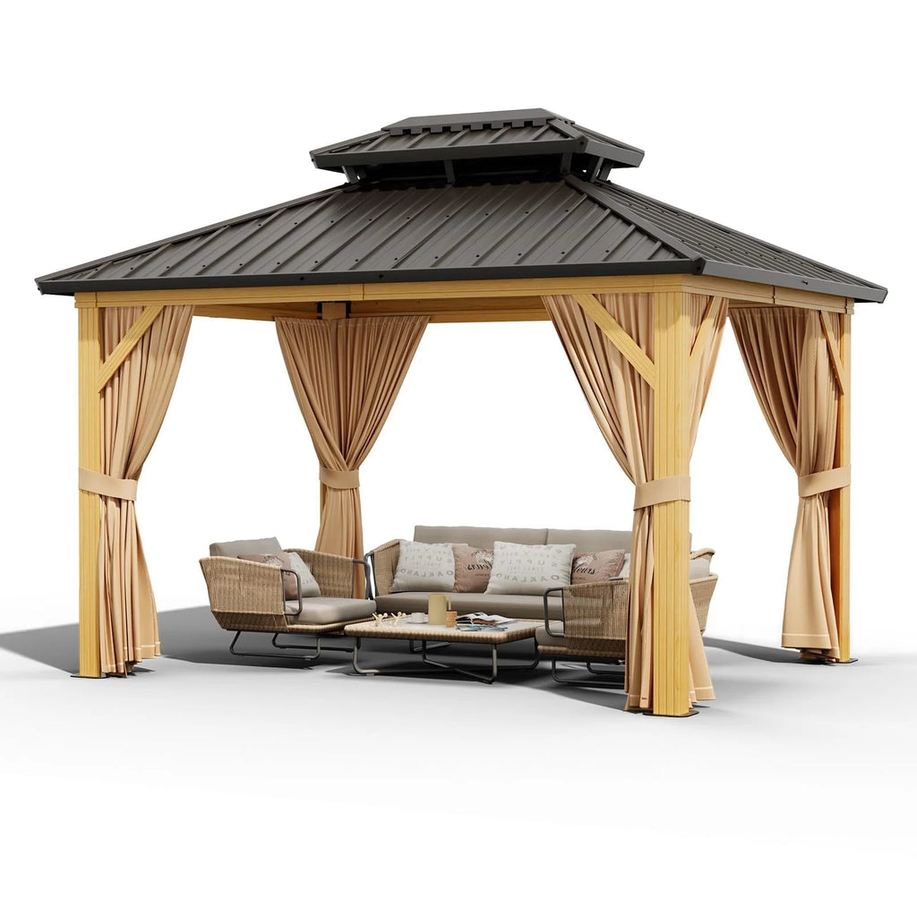 10X13 ft Outdoor Galvanised Steel Hardtop Gazebo, Heavy Duty Double Roof Outdoor Gazebo with Netting and Sunshade Curtains, Aluminium Framed…