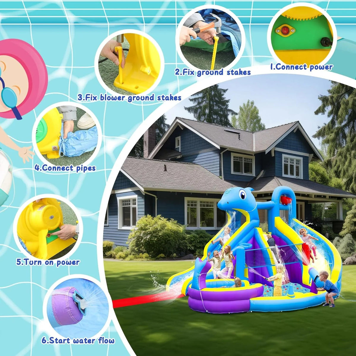 11-IN-1 Inflatable Water Slide & Dolphin Bounce House W/2 Long Slides, 19.7 ft X 13.1 ft Extra Large Waterslide Climbing Wall W/small Deeper…