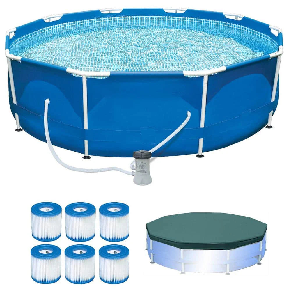 10 ft. X 10 ft. Round 30 in. Deep Metal Frame Pool w/ Pump & Type H Filters (6 Pack) & 10 Round Pool Cover 6 X 29007E + 28201EH + 28030E