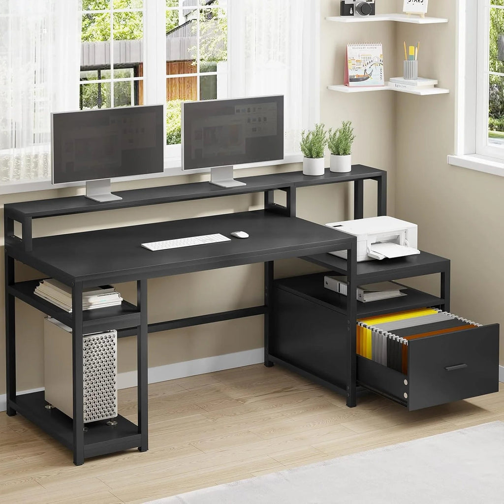 White Computer Desk with 5 Drawer & Power Outlet, 66'' Home Office Desk with File Drawer, Storage Shelves, Printer Cabinet and Monitor…
