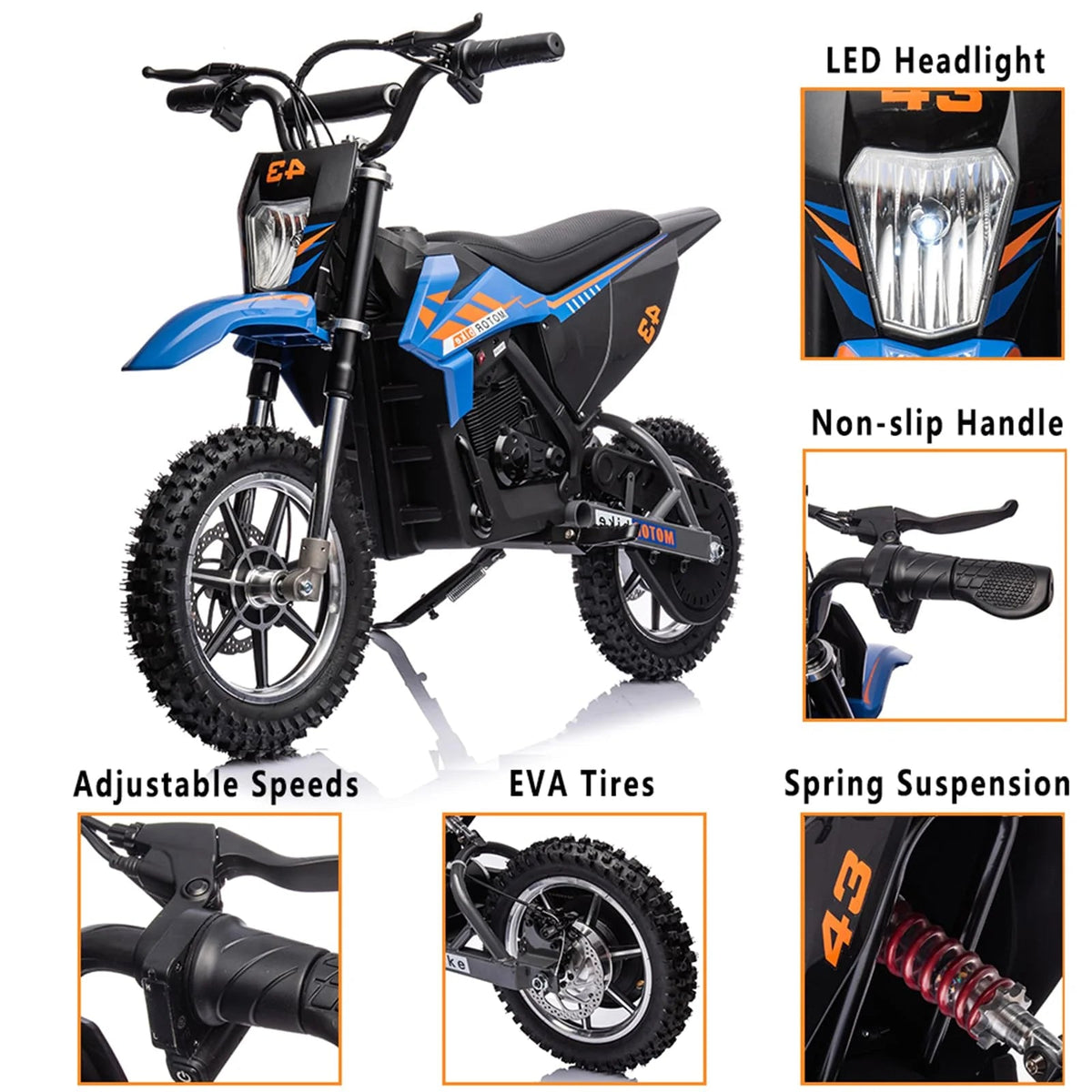 36V Kids Electric Dirt Bike, 36V, 350W, 15.5MPH, LED, 175LBS Max - Blue