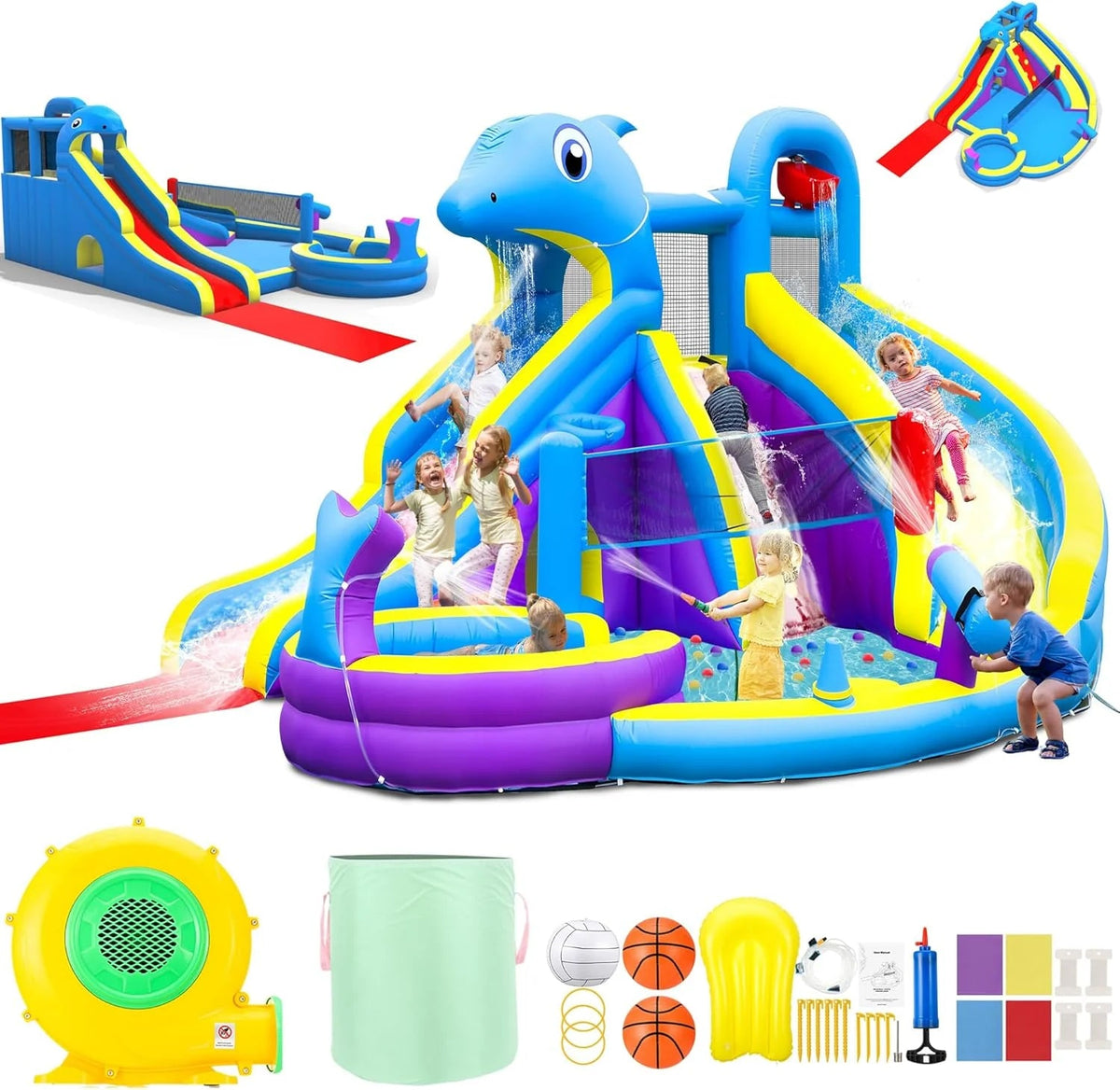 11-IN-1 Inflatable Water Slide & Dolphin Bounce House W/2 Long Slides, 19.7 ft X 13.1 ft Extra Large Waterslide Climbing Wall W/small Deeper…