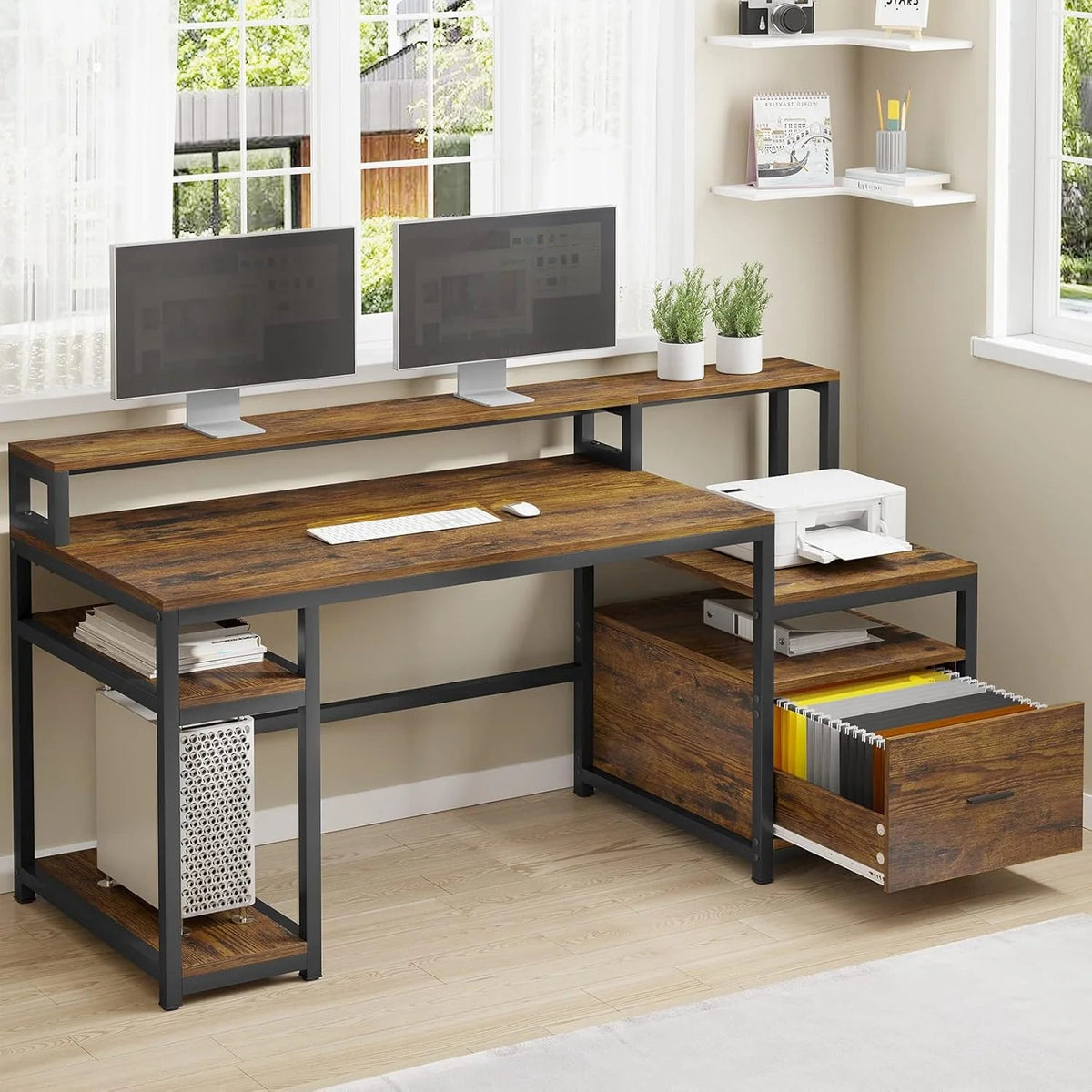 White Computer Desk with 5 Drawer & Power Outlet, 66'' Home Office Desk with File Drawer, Storage Shelves, Printer Cabinet and Monitor…