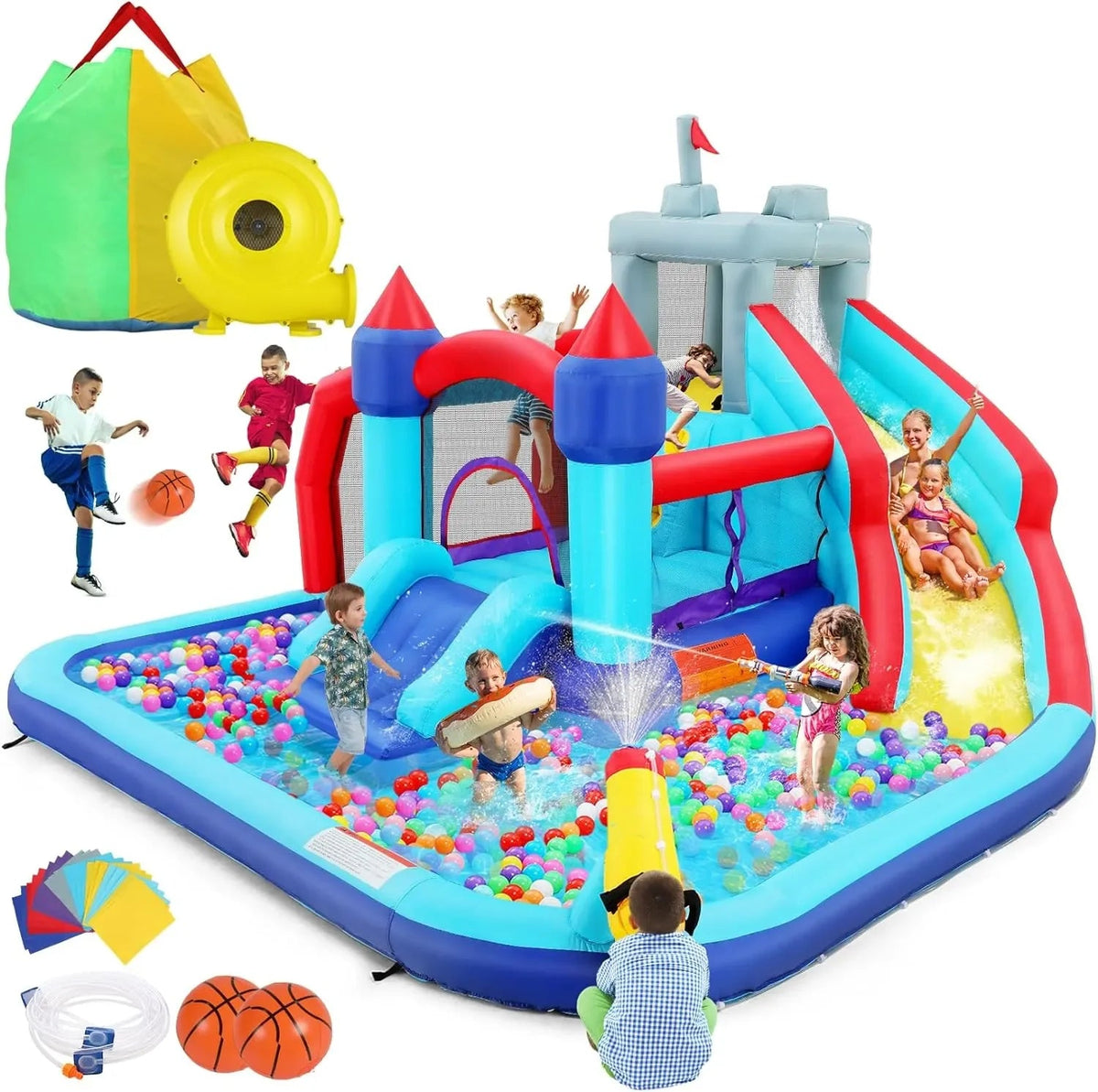 Inflatable Water Slides for Kids 8-IN-1 Bounce House Water Park with 450W Blower Climbing Wall, Splash Pool, 2 Water Cannons, Basketball…