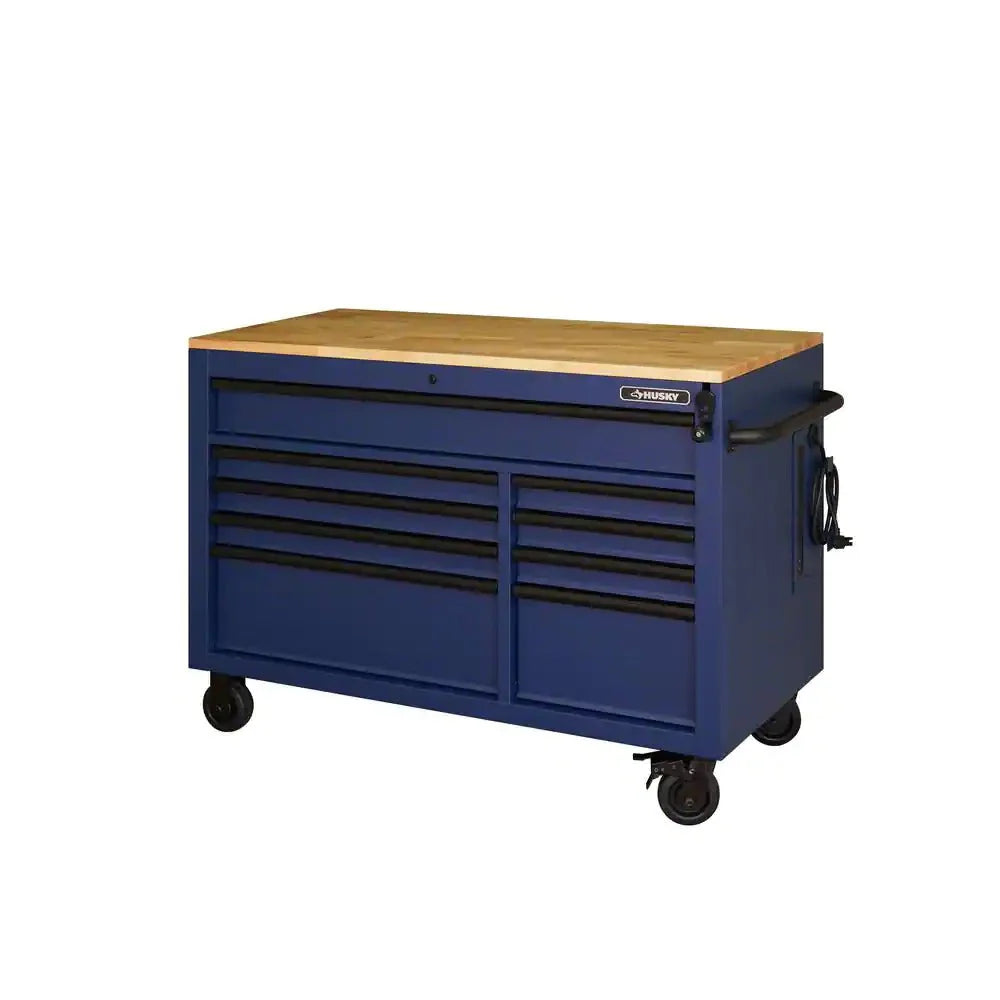 Heavy-duty 52 in. 9-DRAWER Mobile Workbench with Adjustable-height Solid Wood Top in Matte Blue