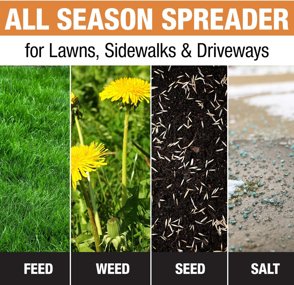 Multi-purpose Walk Behind Push Spreader, 100 Pound Capacity, Multi Use Tool for Grass Seed, Salt, De-icer, Fertilizer and Seeds