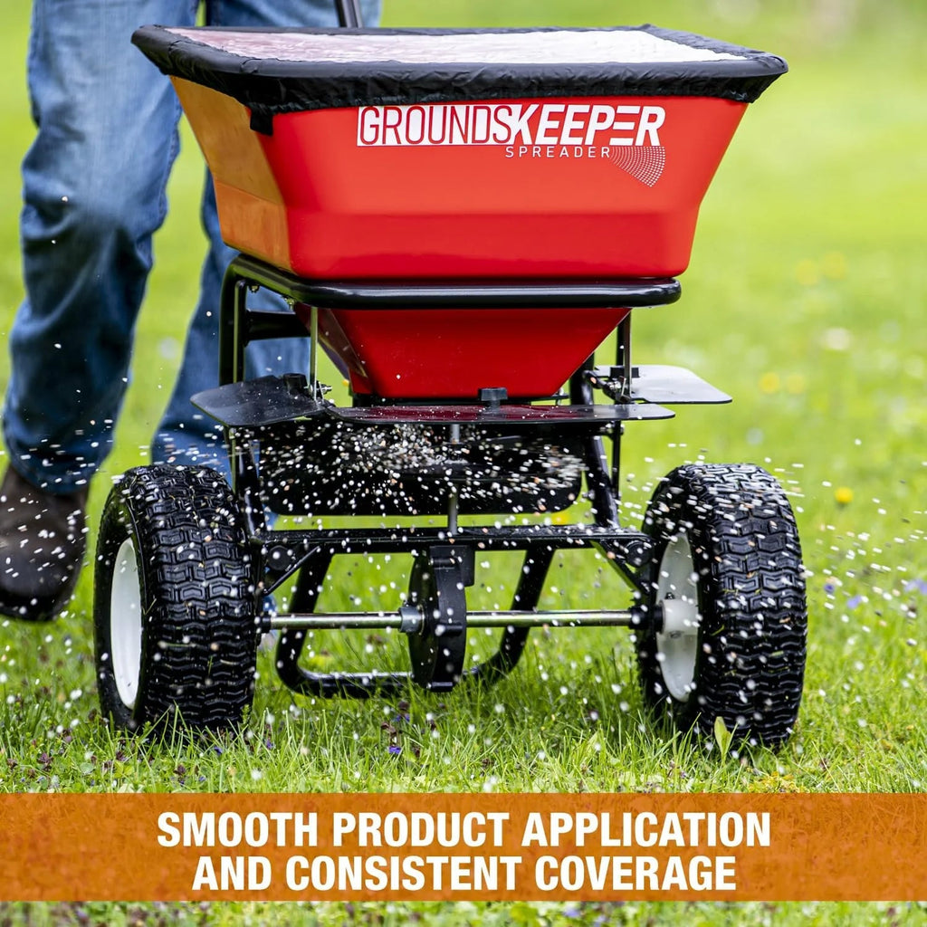 Walk Behind Push Spreader, 100LB Capacity, for Salt, Ice & Snow Melt, Included Grate & Cover with Enclosed Gearbox for Protection