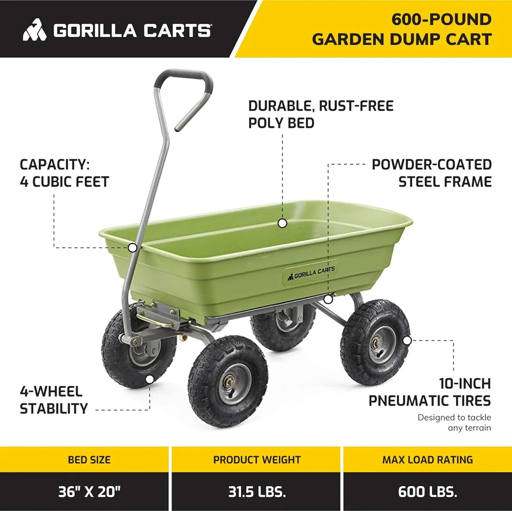 Heavy Duty Poly Utility Dump Wagon Garden Cart W/pneumatic Tires, 6 Cu ft - 1200 lb Capacity Outdoor Wheelbarrow for Yard, Landscaping &…