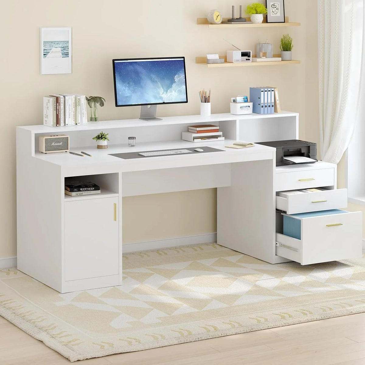 Computer Desk with 3 Drawer & Storage Shelves, Home Office Desk with File Drawer & Cabinet, Writing Study Table with Long Monitor Stand &…