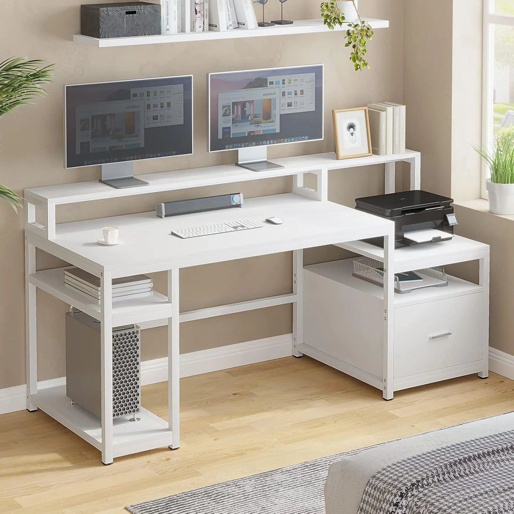 White Computer Desk with 5 Drawer & Power Outlet, 66'' Home Office Desk with File Drawer, Storage Shelves, Printer Cabinet and Monitor…