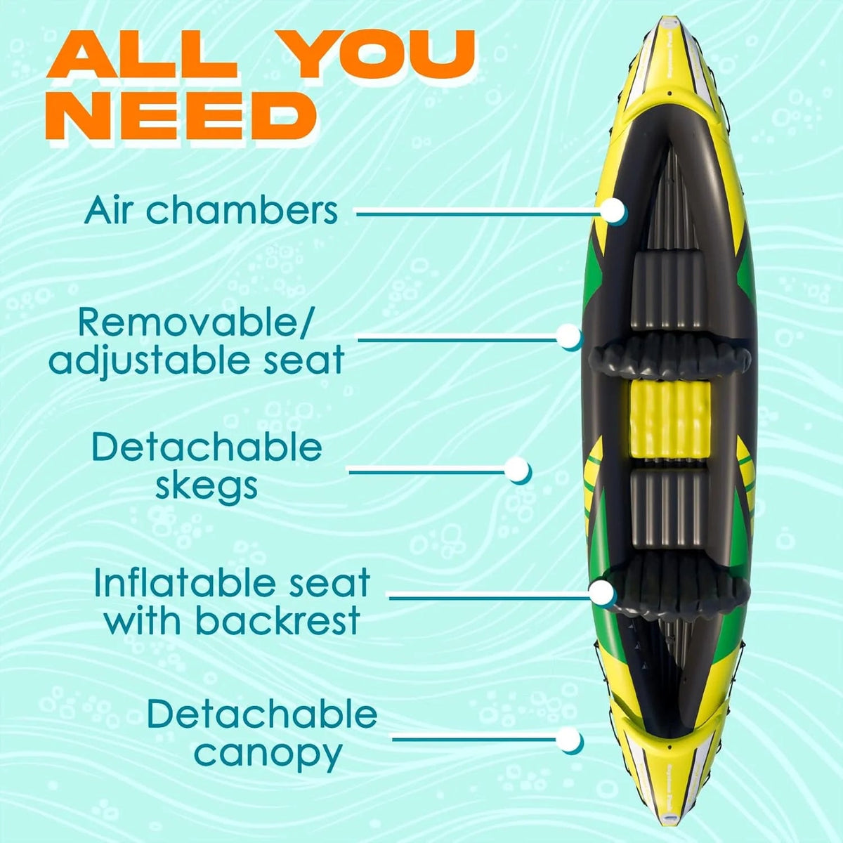 Kp Inflatable Kayak 2 Person with Sun Canopy Detachable Kayaks for Adults 3RD Seat for Dog Child Waterproof Phone Bags Adjustable