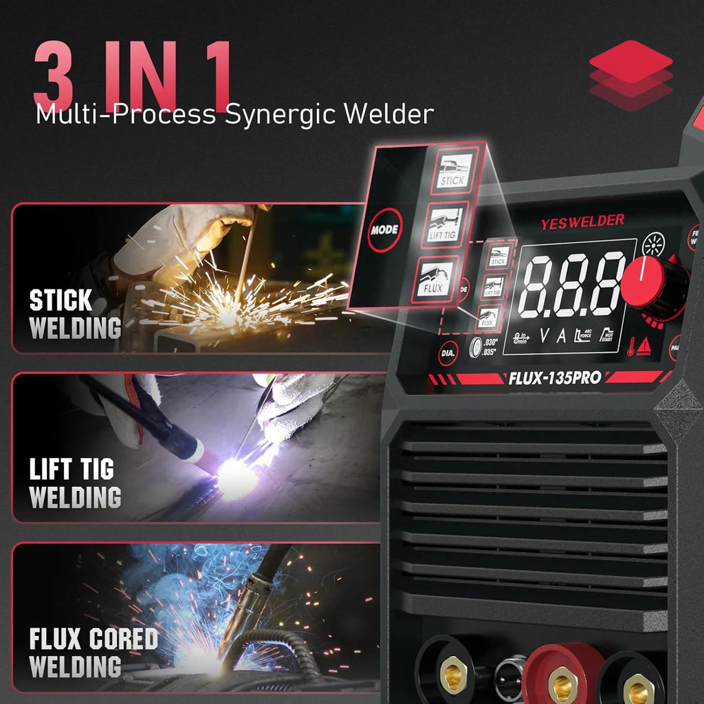 135AMP Mig WELDER,110V Flux Core Welder Flux Core Mig/lift Tig/stick 3-IN-1 Large LED Digital Display Welding Machine Igbt Inverter Welder