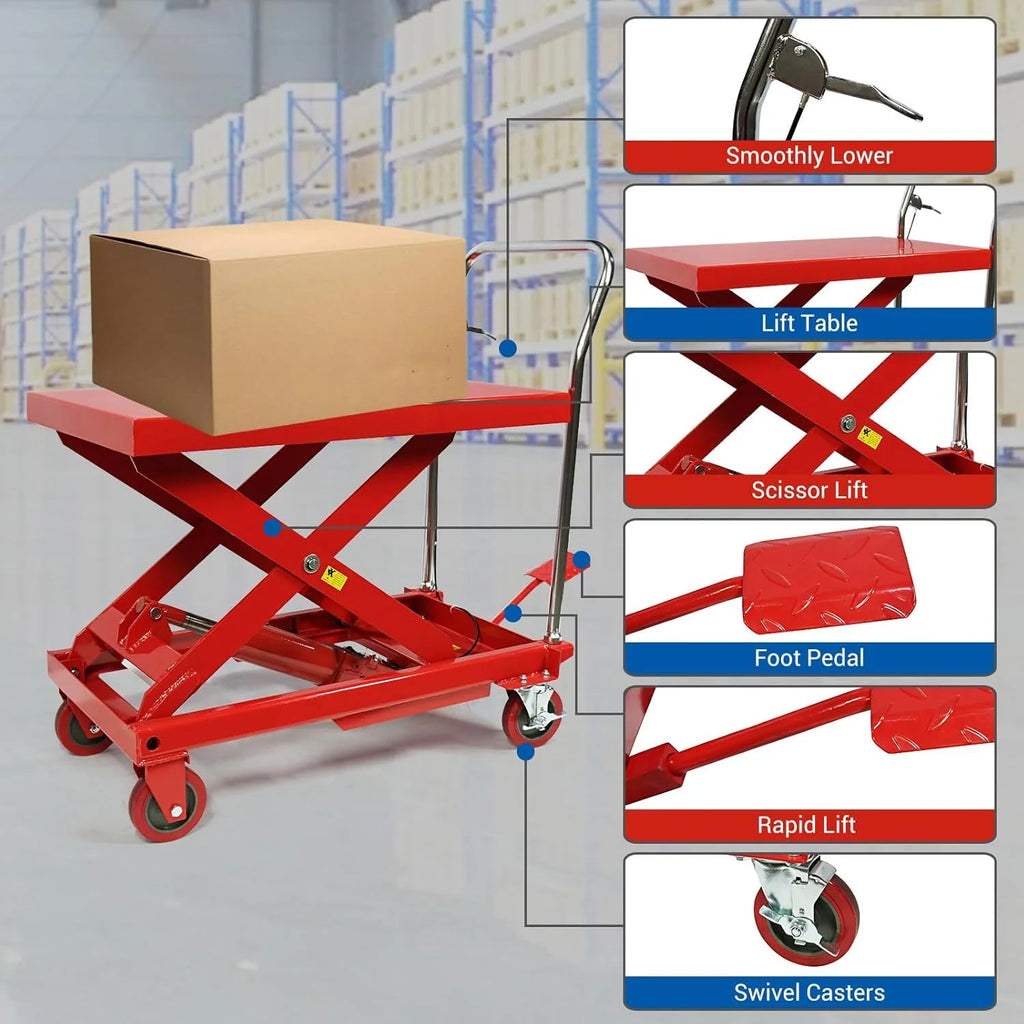 660LBS Hydraulic Lift Table Cart - 31" Lift Height, Double Scissor Design with 4 Wheels & Non-slip Pad for Material Handling