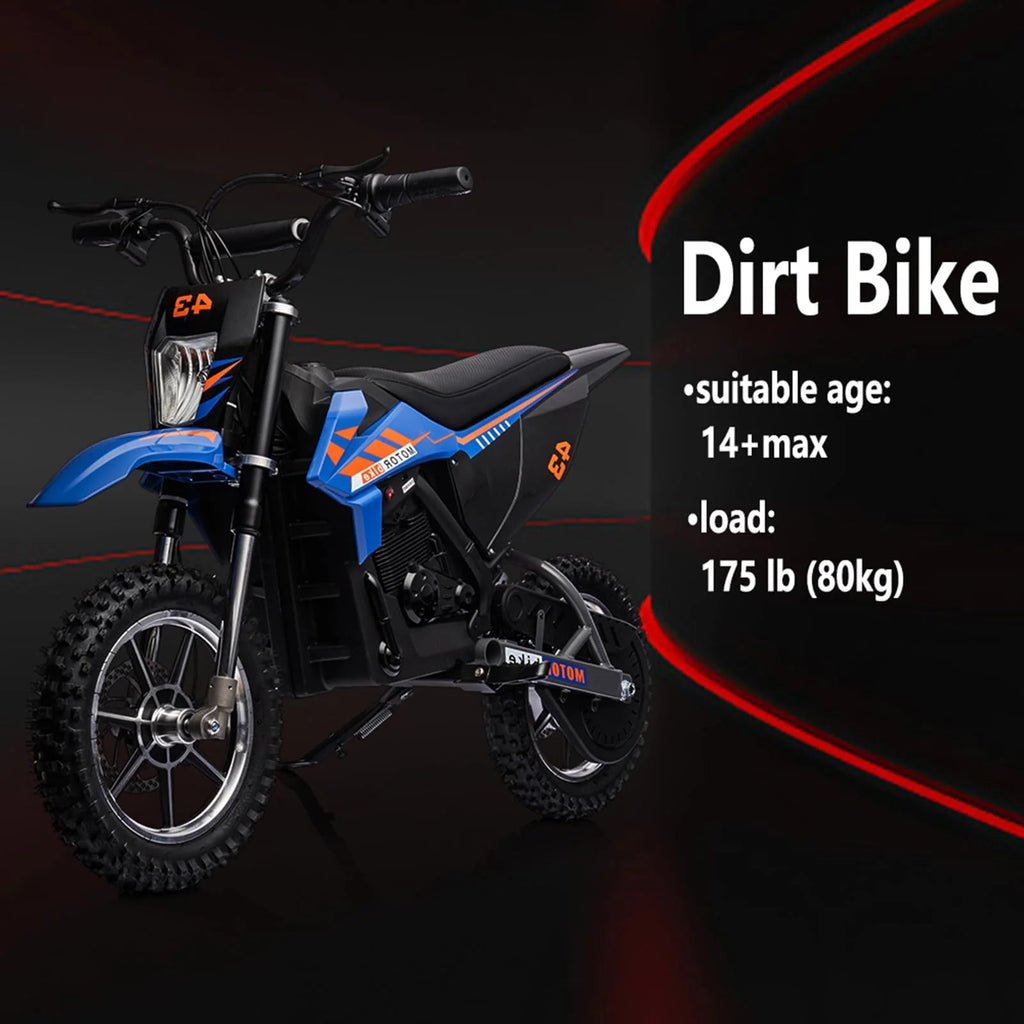 36V Kids Electric Dirt Bike, 36V, 350W, 15.5MPH, LED, 175LBS Max - Blue