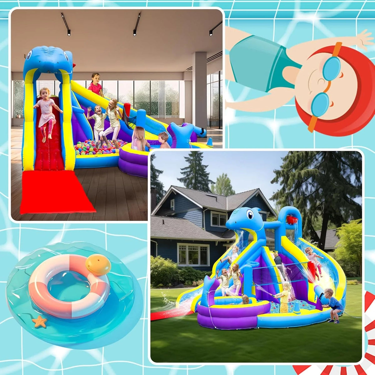 11-IN-1 Inflatable Water Slide & Dolphin Bounce House W/2 Long Slides, 19.7 ft X 13.1 ft Extra Large Waterslide Climbing Wall W/small Deeper…
