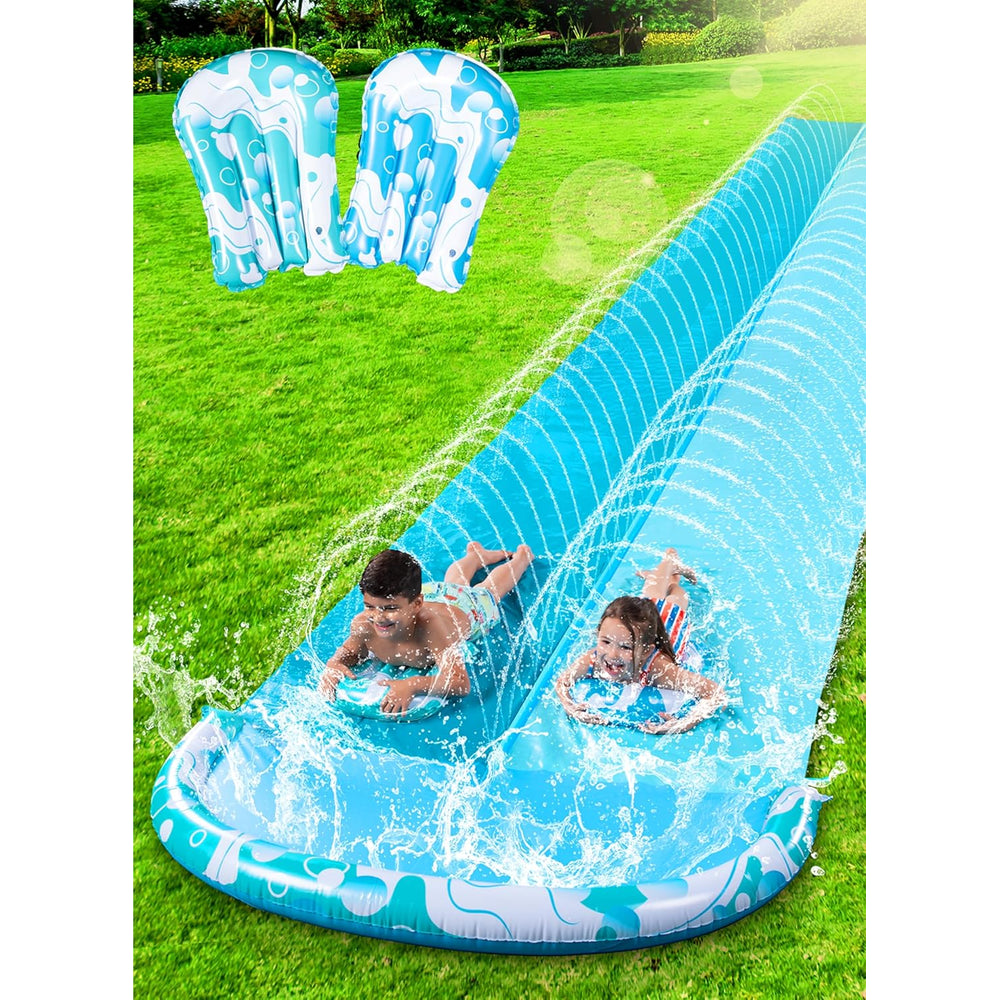 32.5FT Water Slide and 2 Inflatable Boards, Extra Long Double Lawn Heavy Duty Splash Mat Pad with Sprinkler for Kids Adults Backyard Summer…