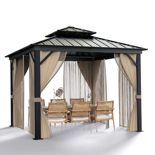 10'X10′ Hardtop Gazebo with Double Metal Roof, Aluminum Frame, Net, and Curtain. All-weather, Ideal for Patio, Deck, Garden, Backyard. Khaki