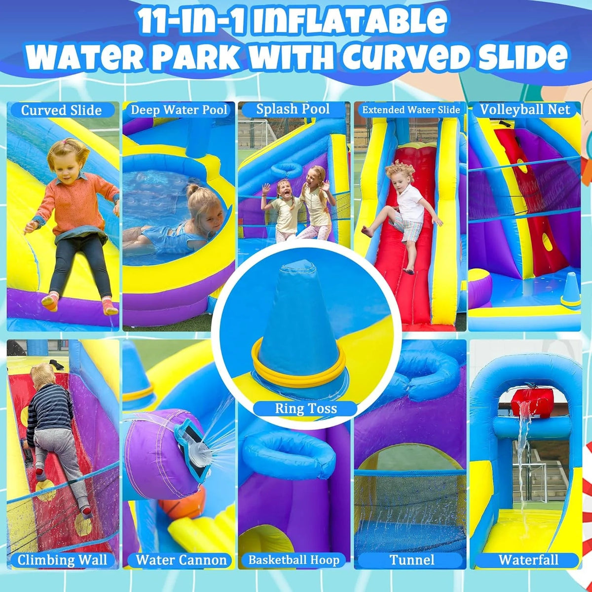 11-IN-1 Inflatable Water Slide & Dolphin Bounce House W/2 Long Slides, 19.7 ft X 13.1 ft Extra Large Waterslide Climbing Wall W/small Deeper…