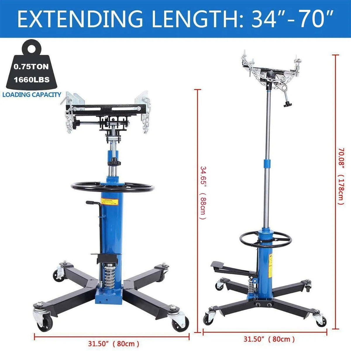 1660 Pounds Hydraulic Car Transmission Jack Vertical Lift with 360° Swivel Wheel Pedal ,BLUE,33"-70"(0.75TON