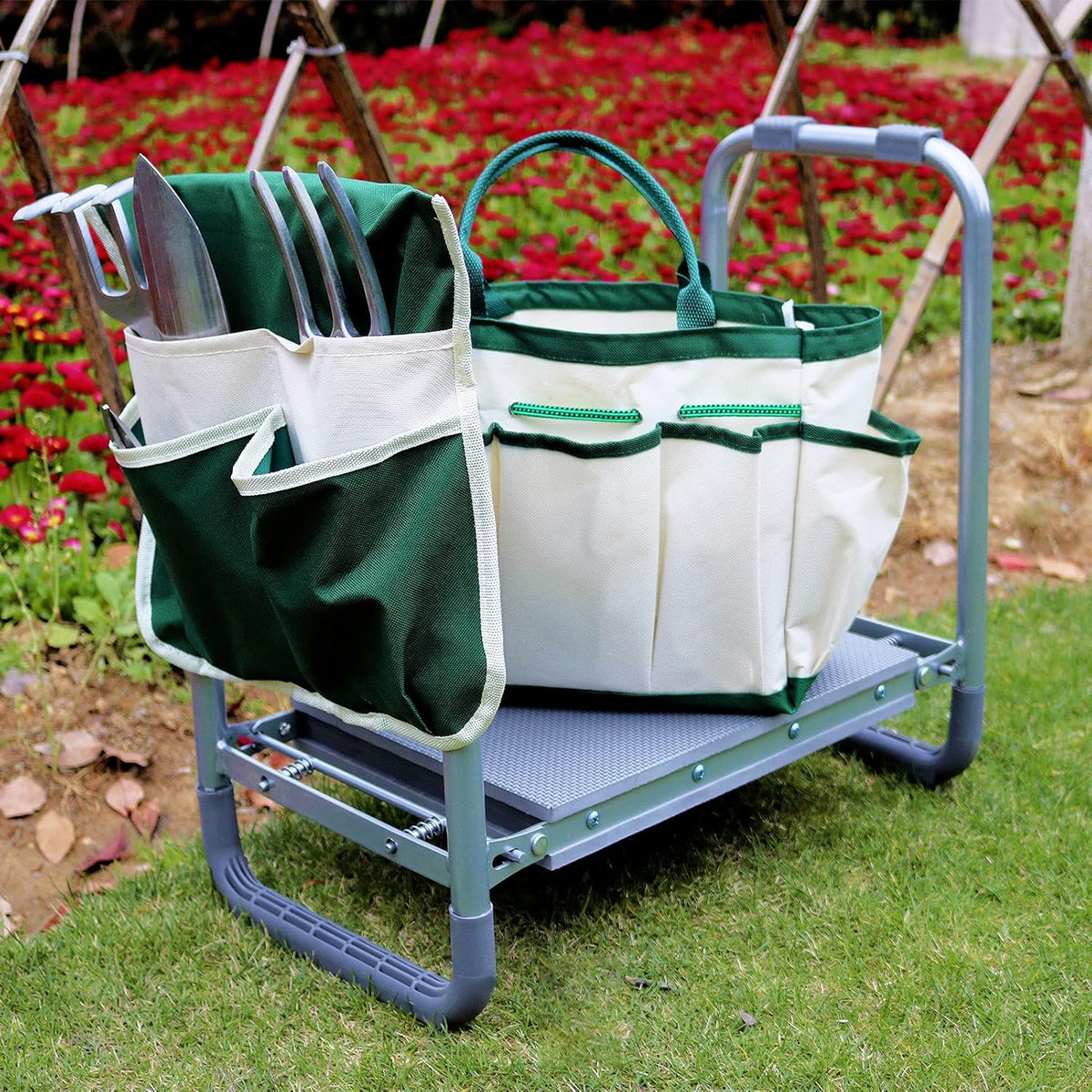 Garden Cart Outdoor Rolling Garden Workseat with Wheels, Heavy Duty Garden Tool Cart with Extendable Handle and Storage for Seniors Yard…