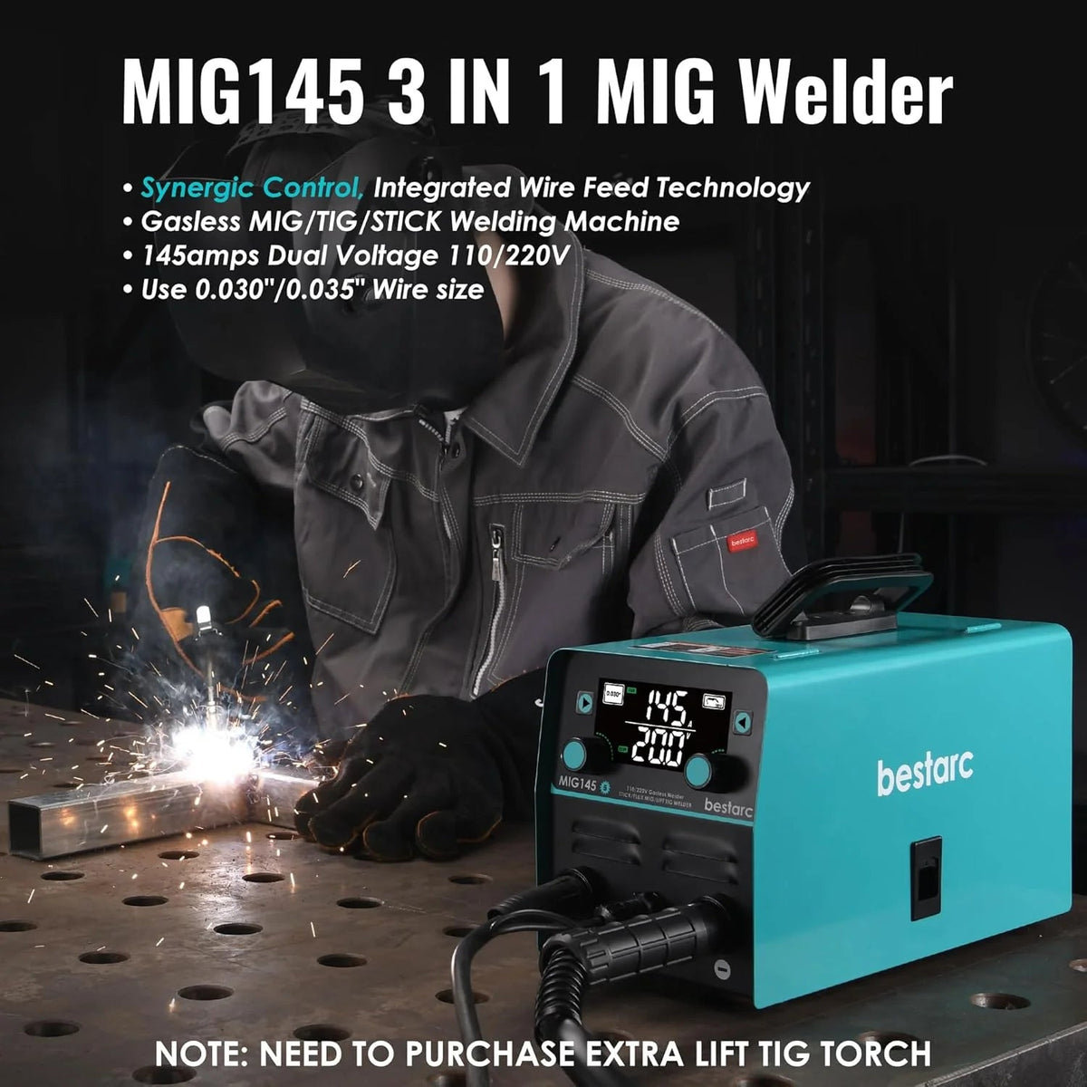 145A Mig Welder, 110V/220V Dual Voltage Gas/gasless Flux Core Mig Welder/lift Tig/stick 3 in 1 Synergic 9GEN Welding Machine, Flux/solid…