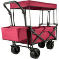 Red Collapsible Wagon Cart with Canopy, 360ÆŽ3 Wheels, Adjustable Handles, 220 lbs Capacity for Beach & Garden