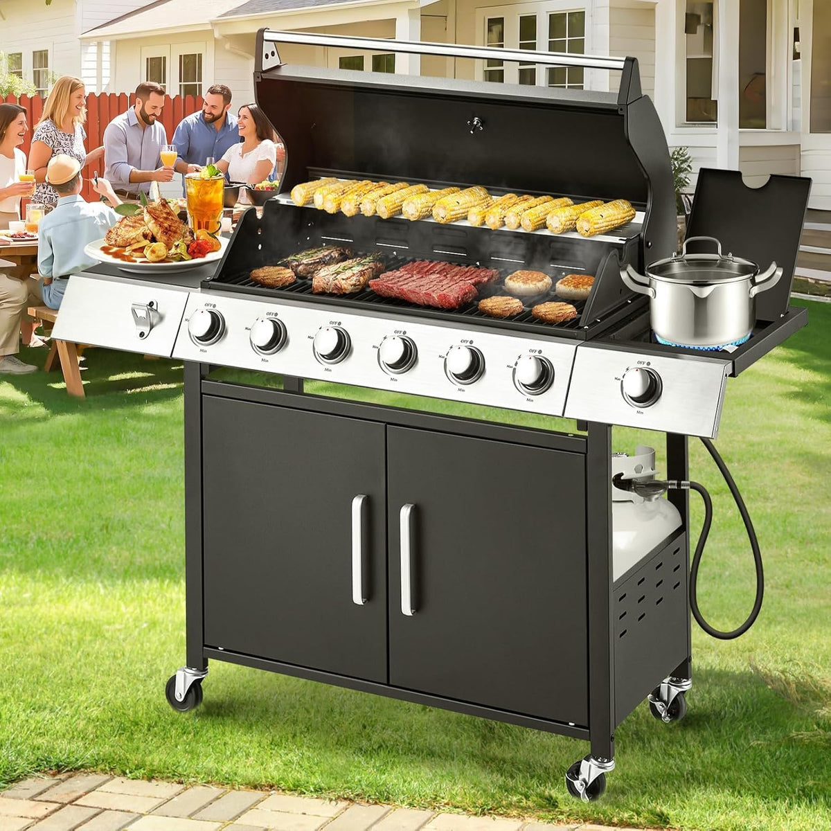 Upgraded 4 Burner Bbq Propane Gas Grill with Cast Iron Grates & Side Stove, 44,000 btu Stainless Steel Burner Barbecue Grill for Patio,…