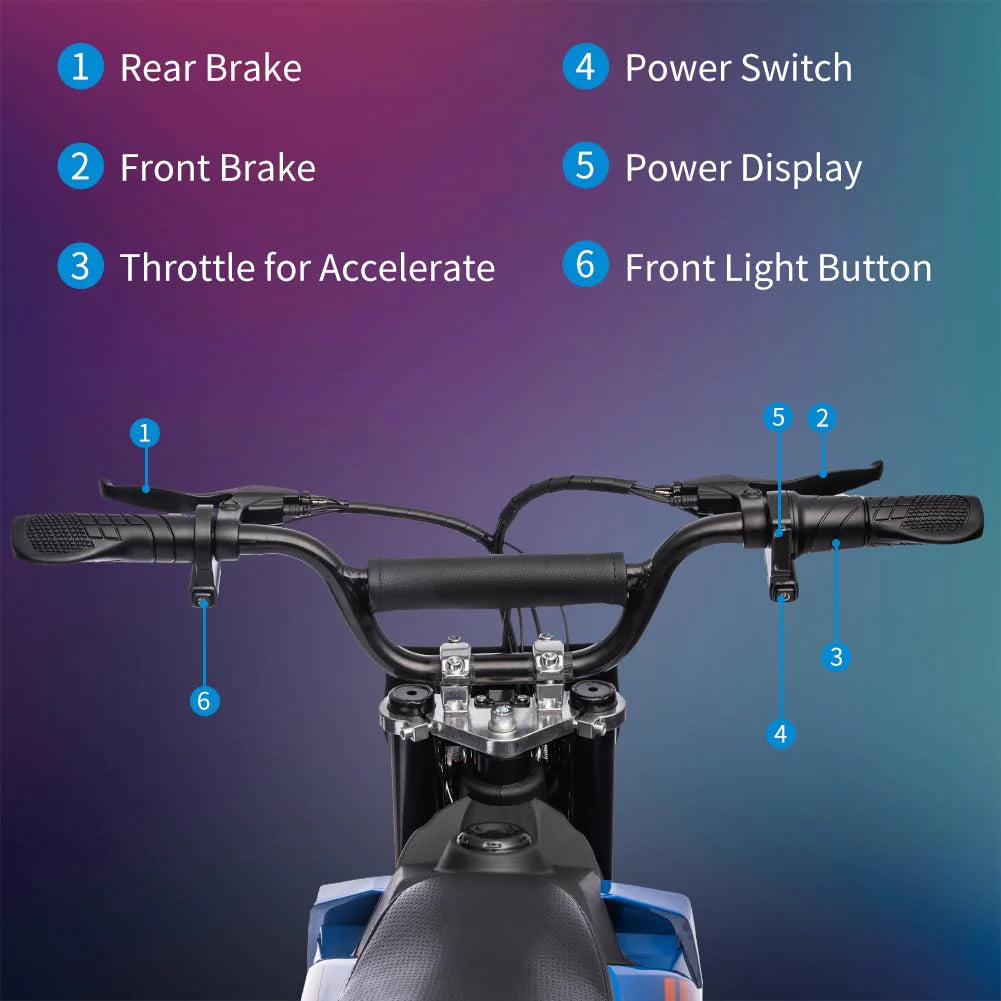 36V Kids Electric Dirt Bike, 36V, 350W, 15.5MPH, LED, 175LBS Max - Blue