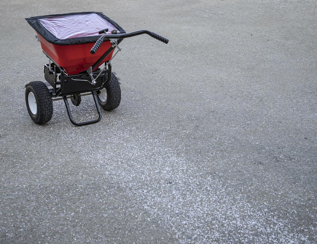 Multi-purpose Walk Behind Push Spreader, 100 Pound Capacity, Multi Use Tool for Grass Seed, Salt, De-icer, Fertilizer and Seeds