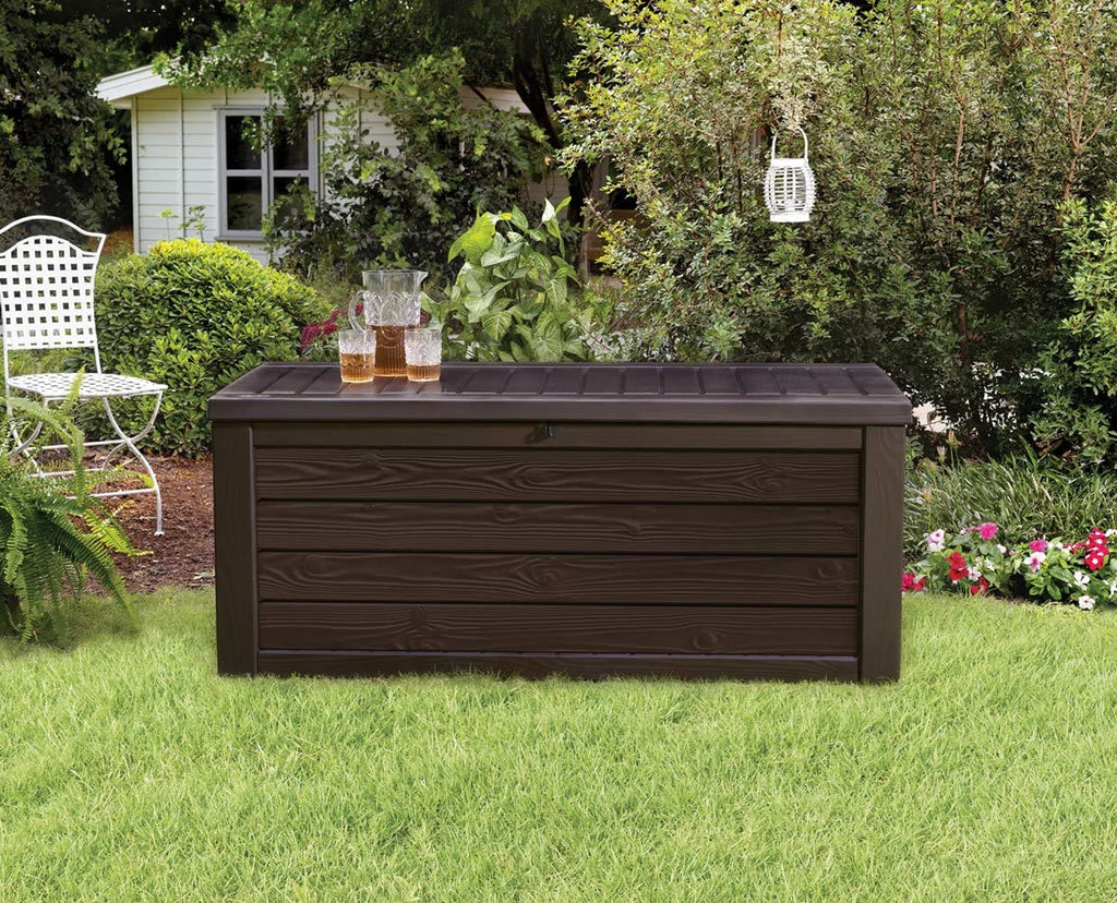150 gallon Resin Large Deck Box-organization and Storage for Patio Furniture, Outdoor Cushions, Garden Tools and Pool Toys, Brown