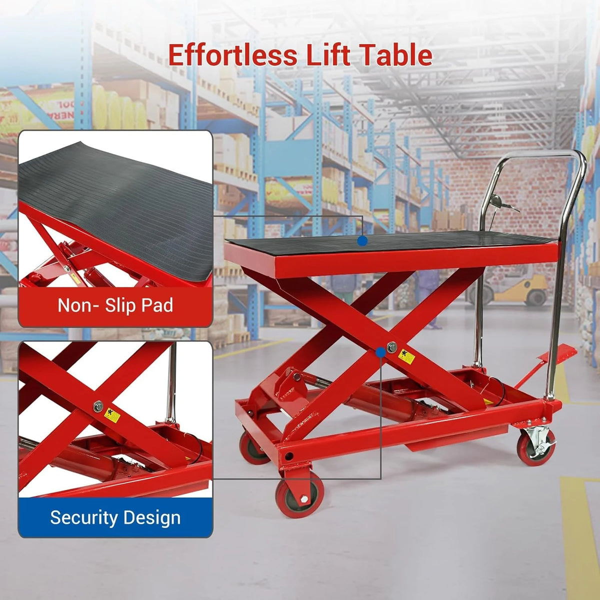 660LBS Hydraulic Lift Table Cart - 31" Lift Height, Double Scissor Design with 4 Wheels & Non-slip Pad for Material Handling