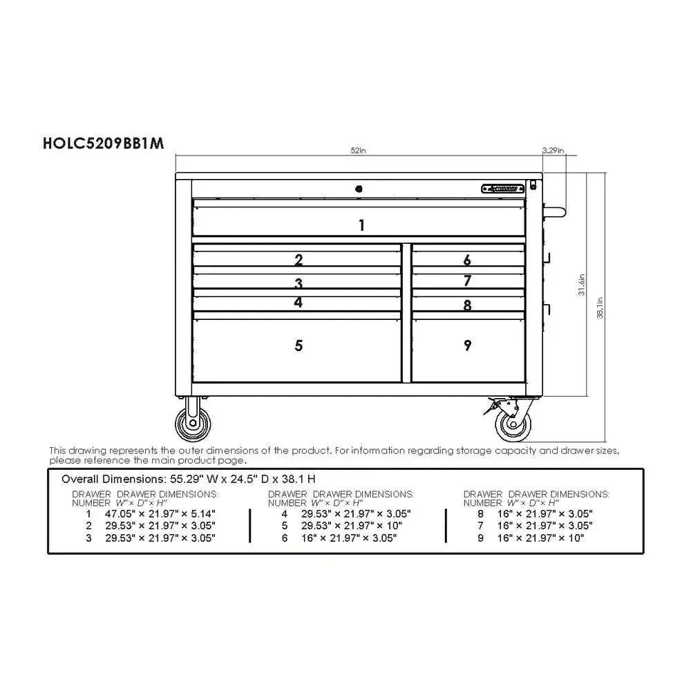 Heavy-duty 52 in. 9-DRAWER Mobile Workbench with Adjustable-height Solid Wood Top in Matte Blue