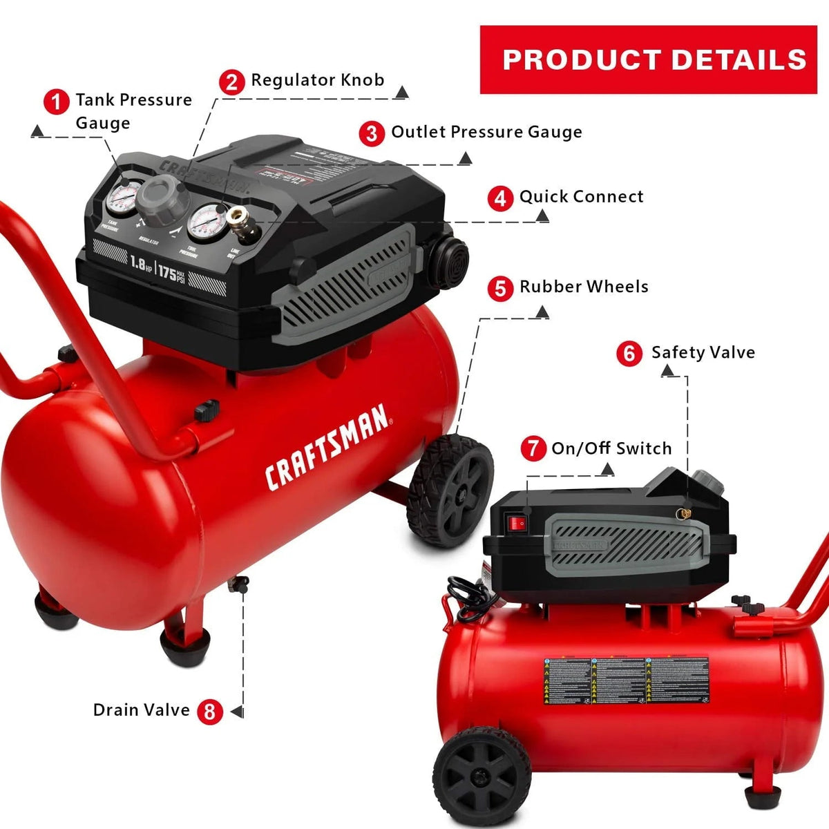 Hard Air Compressor, 10 gallon 1.8 HP 175 PSI, 4.0CFM@90PSI, Oil Free and Maintenance Free, Portable with Large Wheels