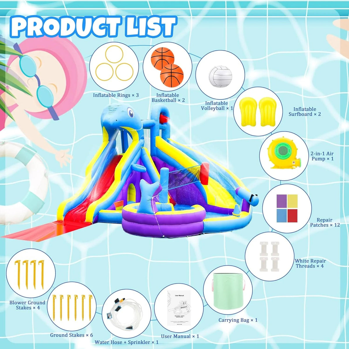 11-IN-1 Inflatable Water Slide & Dolphin Bounce House W/2 Long Slides, 19.7 ft X 13.1 ft Extra Large Waterslide Climbing Wall W/small Deeper…