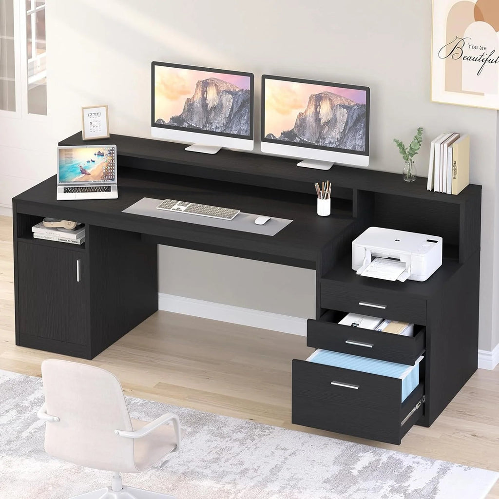Computer Desk with 3 Drawer & Storage Shelves, Home Office Desk with File Drawer & Cabinet, Writing Study Table with Long Monitor Stand &…
