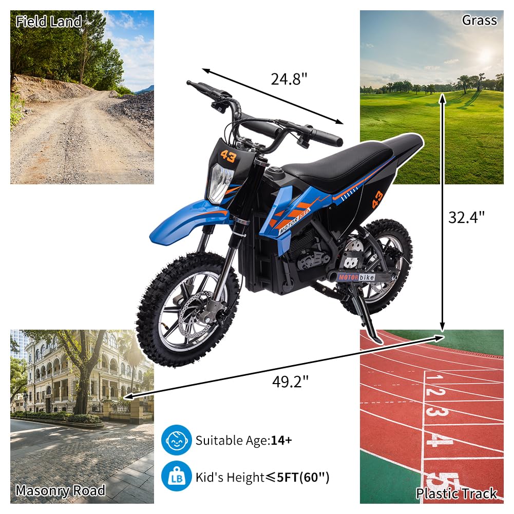 36V Kids Electric Dirt Bike, 36V, 350W, 15.5MPH, LED, 175LBS Max - Blue