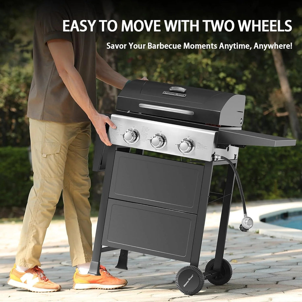 3 Burner Bbq Propane Gas Grill, Stainless Steel 30,000 btu Patio Garden Barbecue Grill with Two Foldable Shelves