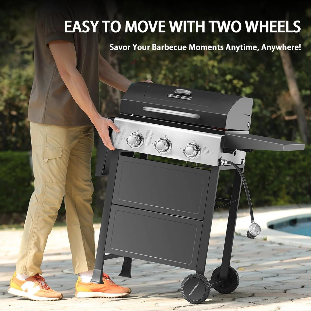 3 Burner Bbq Propane Gas Grill, Stainless Steel 30,000 btu Patio Garden Barbecue Grill with Two Foldable Shelves