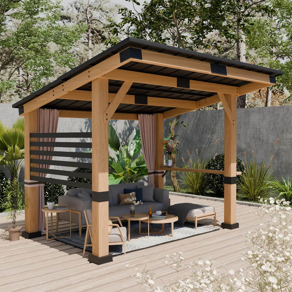 10X12FT] Heavy Duty Premium Outdoor All-season Wooden Cedar Hardtop Gazebo with Metal Roof & Back Curtains