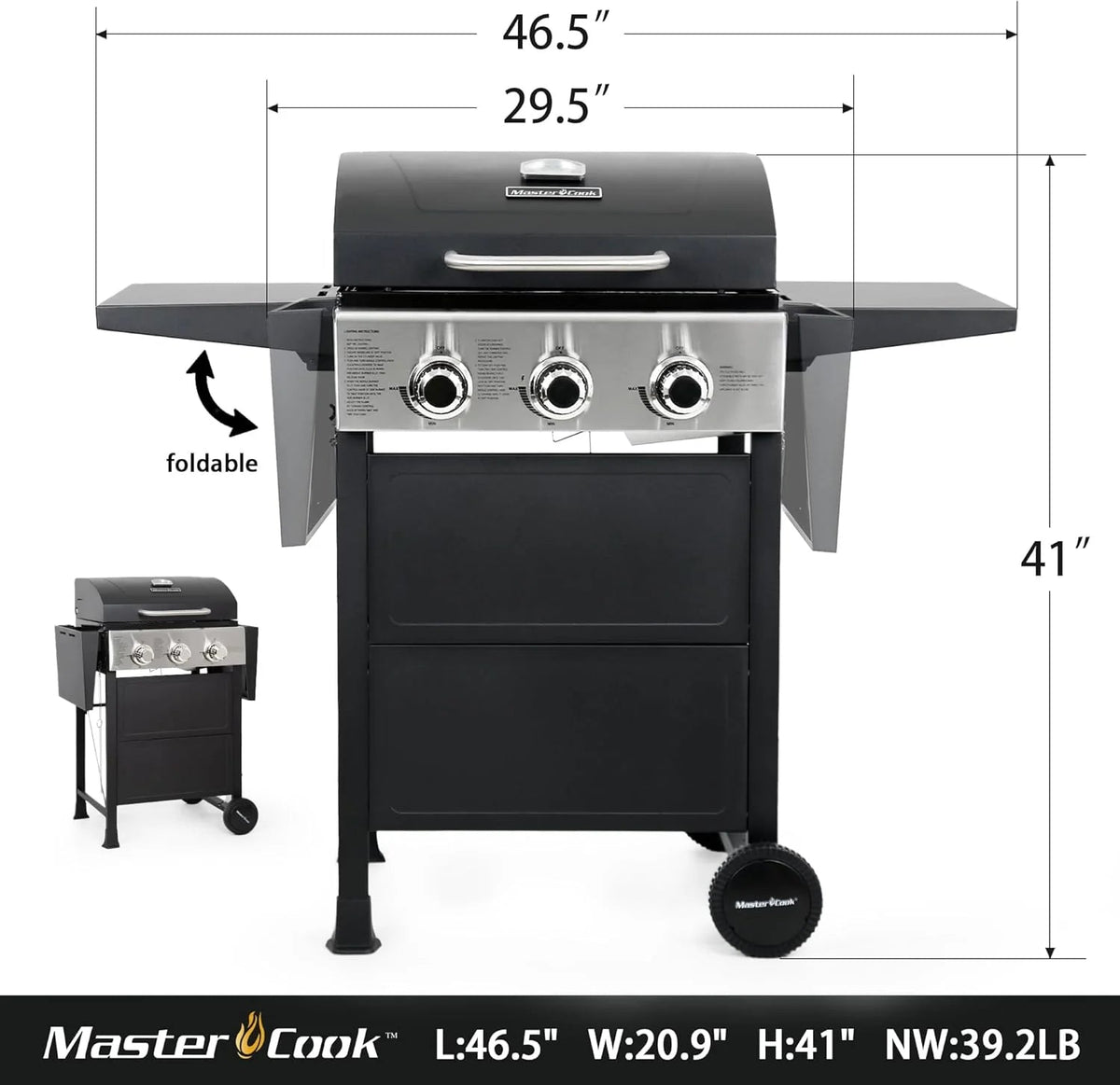 3 Burner Bbq Propane Gas Grill, Stainless Steel 30,000 btu Patio Garden Barbecue Grill with Two Foldable Shelves