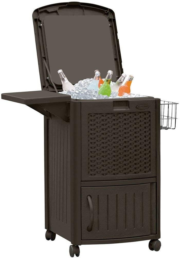 77 quart Resin Beverage Cart, Java & Suncast 33 gallon Resin Trash Can