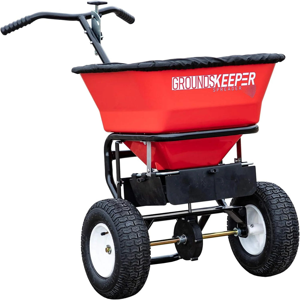 Multi-purpose Walk Behind Push Spreader, 100 Pound Capacity, Multi Use Tool for Grass Seed, Salt, De-icer, Fertilizer and Seeds