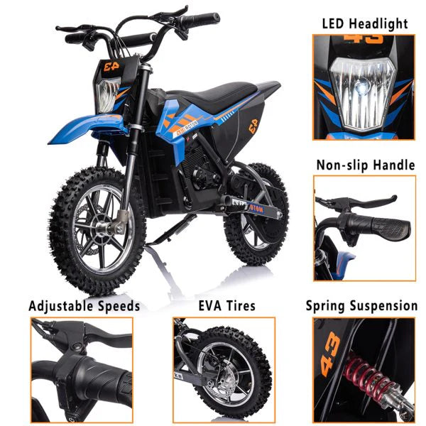 36V Kids Electric Dirt Bike, 36V, 350W, 15.5MPH, LED, 175LBS Max - Blue