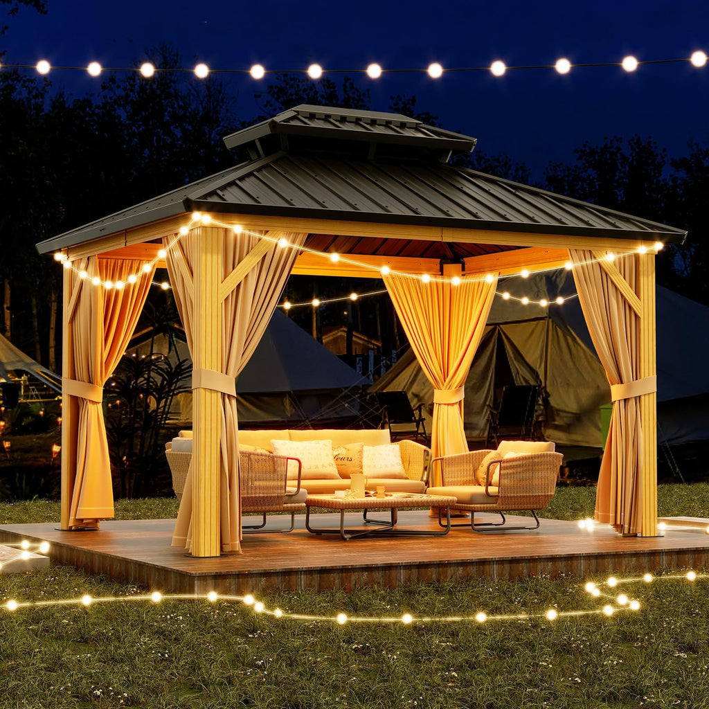 10X13 ft Outdoor Galvanised Steel Hardtop Gazebo, Heavy Duty Double Roof Outdoor Gazebo with Netting and Sunshade Curtains, Aluminium Framed…
