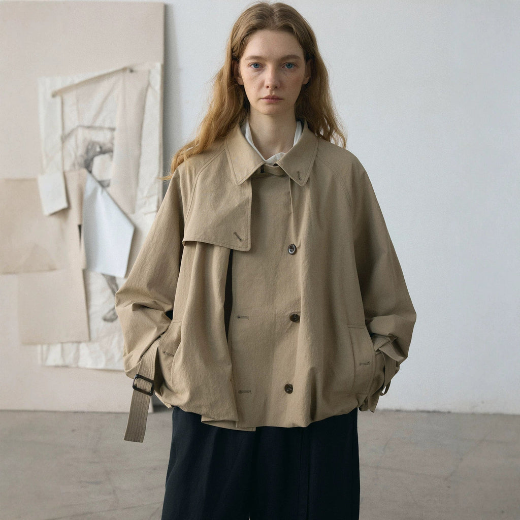 LONGÉ Women's Cotton Blend Oversized Double-Breasted Trench Jacket - Khaki