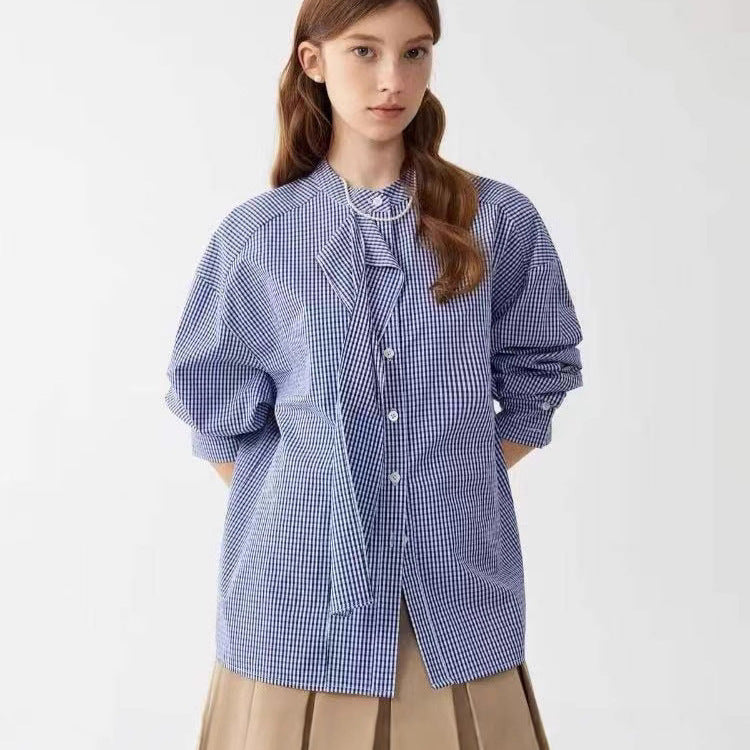 LONGÉ Women's Cotton Blue and White Gingham Tie-Neck Band Collar Shirt